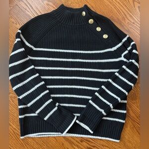 J. Crew Black and White Striped Button-Shoulder Mock Turtleneck Sweater